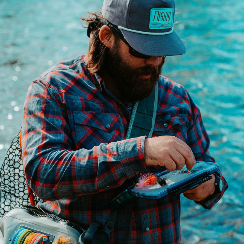 Man fishing by a river, wearing a cap and plaid jacket.